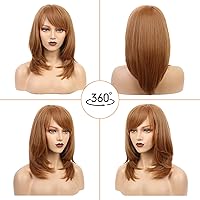 Vista 2 de Wiginway Peluca corta con flequillo oblicuo natural Yaki recta sintética para mujer, pelucas de color castaño oscuro, fibra natural resistente al