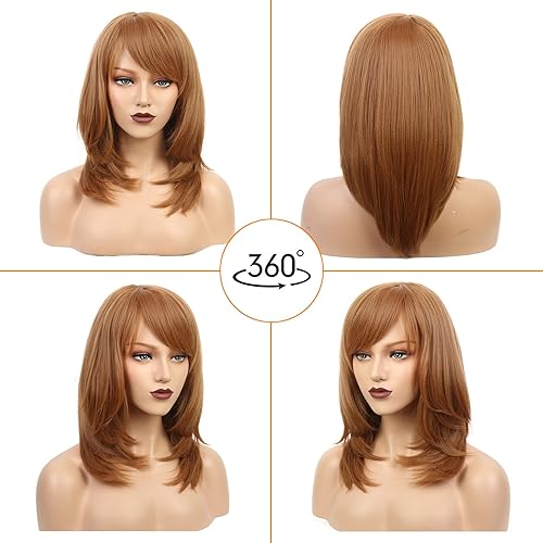 Miniatura 2 de Wiginway Peluca corta con flequillo oblicuo natural Yaki recta sintética para mujer, pelucas de color castaño oscuro, fibra natural resistente al