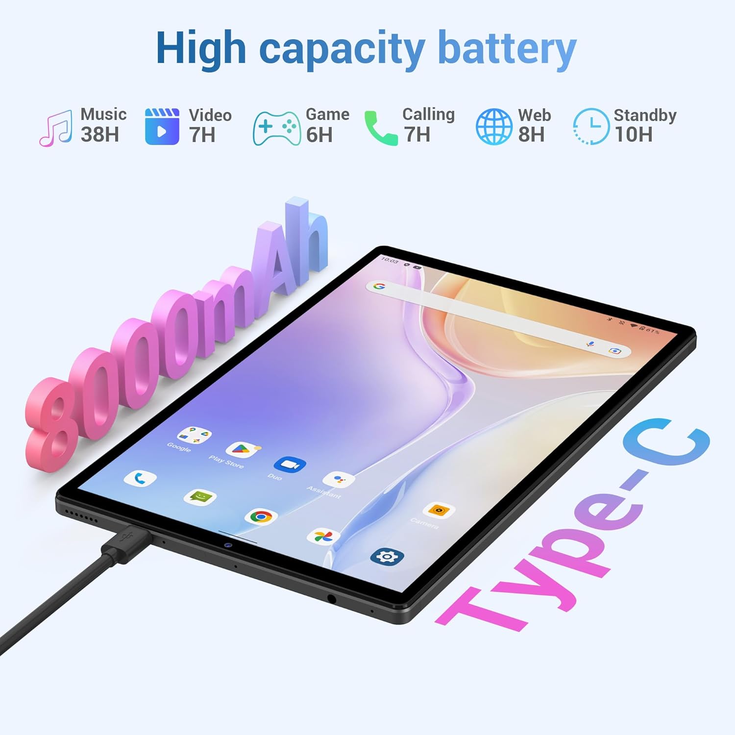 Icons representing key features of the LNMBBS F103 Tablet: Android 12, HD display, 6GB RAM + 128GB ROM, Octa Core, 5G WiFi, 8+13MP Camera, 8000mAh Battery, 10.3 inch screen