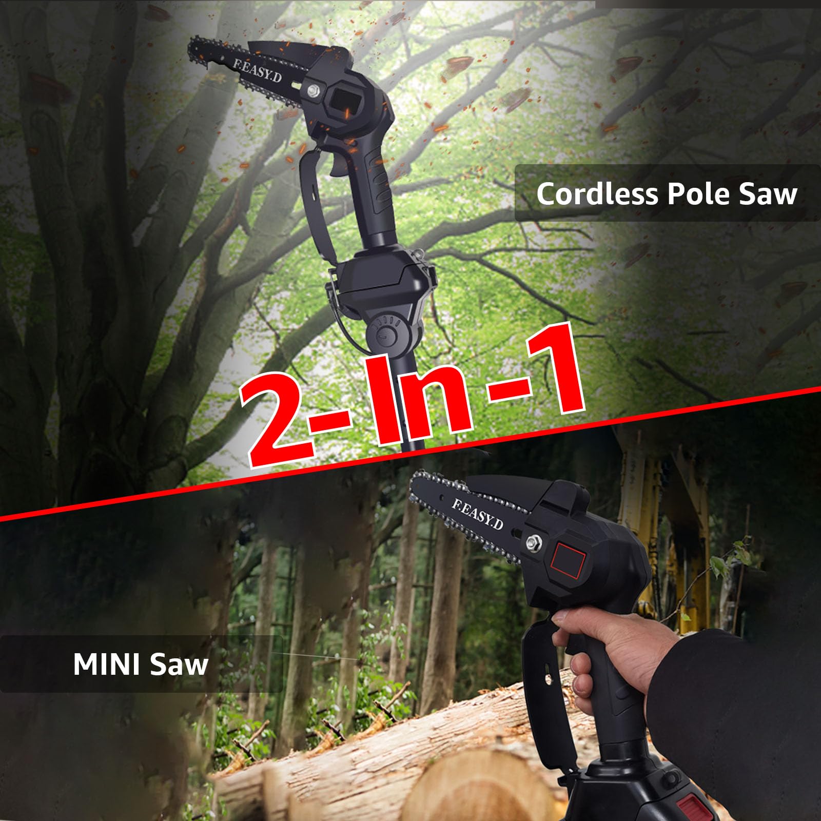 2 en 1 Mini Motosierra Bateria, 6" Motosierra Pertiga Electrica Inalámbrica, 1.7m Motosierra Telescópica con 2 Baterías, Sierra Electrica Podar Arboles para Cortar Ramas y Jardines