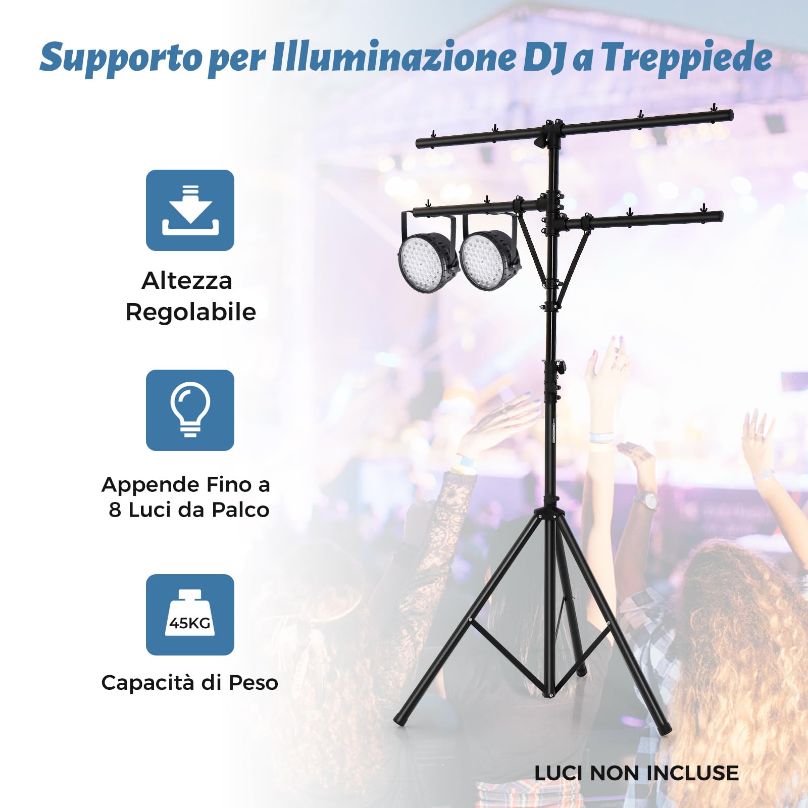 COSTWAY Supporto Luci Mobile DJ Audio, Supporto Luci LED con Bracci, Altezza Regolabile, Treppiede Portatile per Presentazioni sul Palco, Concerti, Teatri, Matrimoni e Feste, 186-351 cm