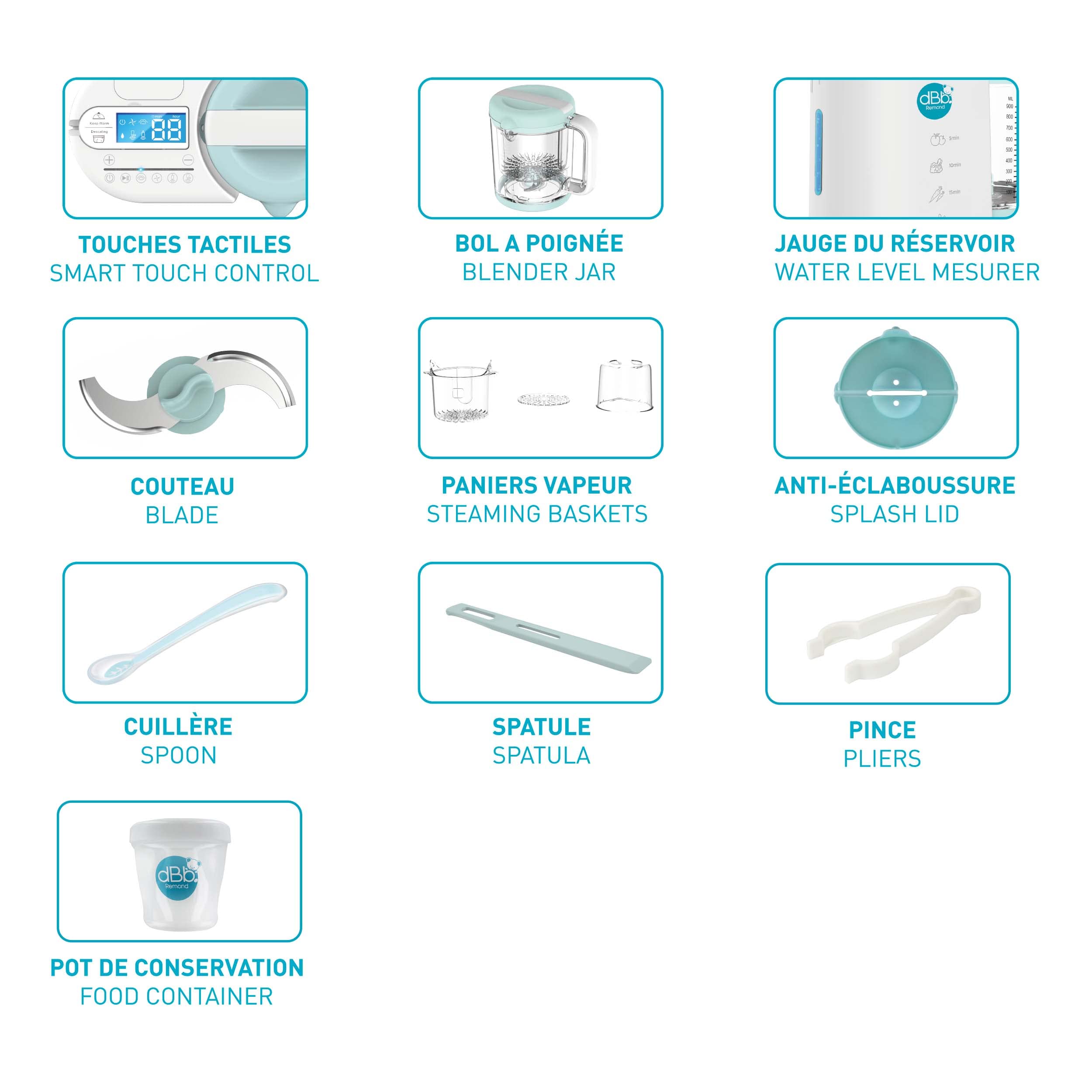 dBb Remond 6-in-1-Baby-Kochmaschine – Dampfgaren, Mixen, Zerkleinern, Sterilisieren, Erhitzen und Auftauen – Selbstreinigend – Gesunde und einfache Mahlzeiten – Kapazität 1000 ml – Weiß & Eisblau