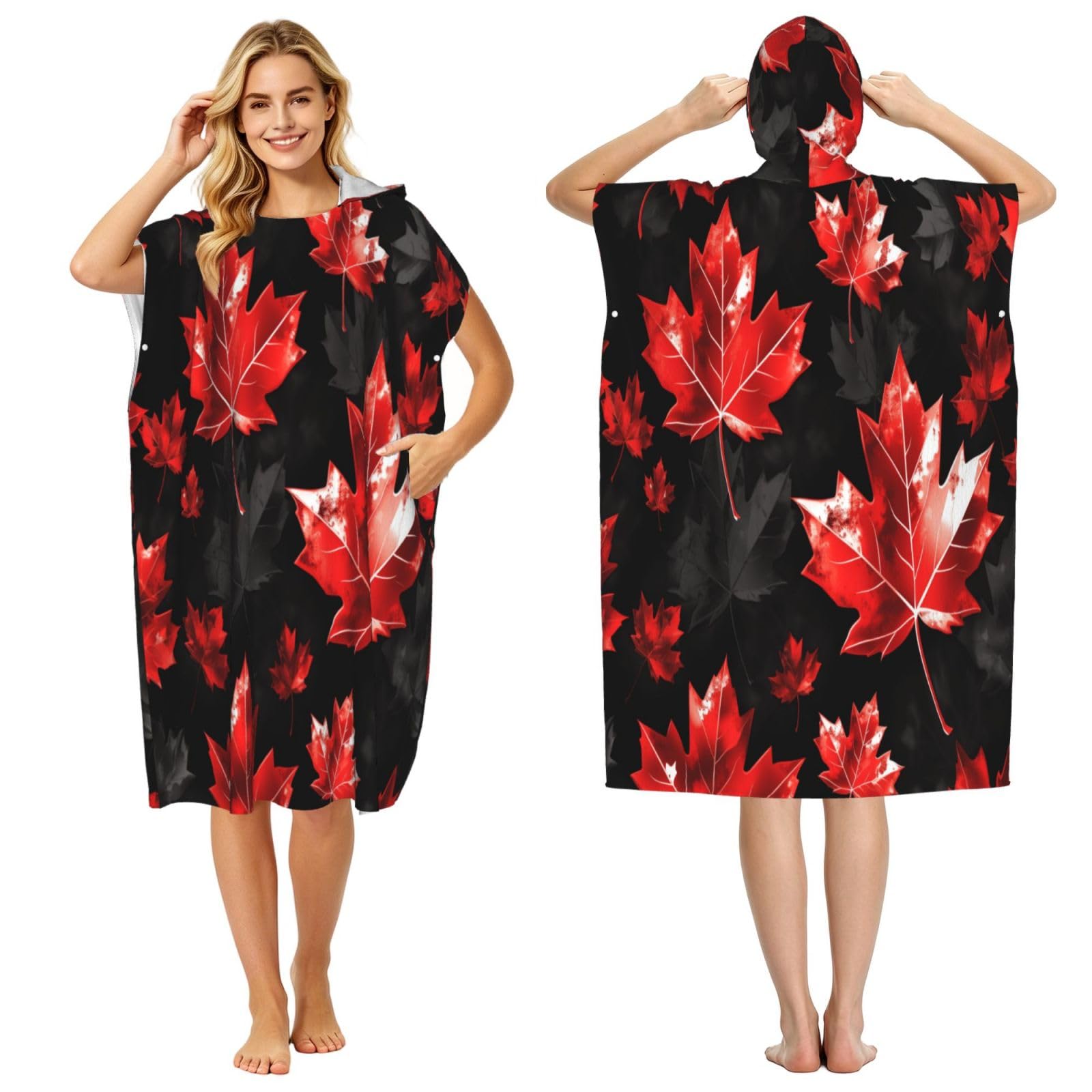 KLGRTJHK Maple Leaf Adult Hooded Beach Poncho Towel 43"X35"