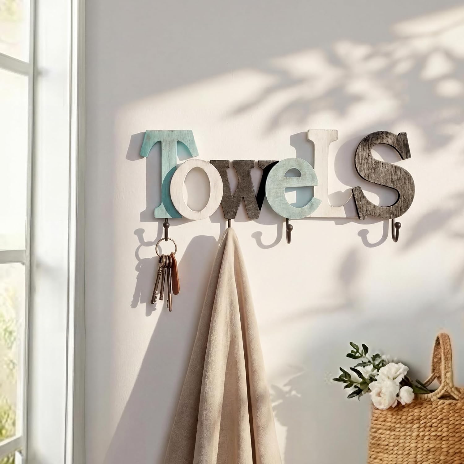 Novabright Rustic Wood Towels Sign with 4 Hooks, Farmhouse Bathroom Decor
