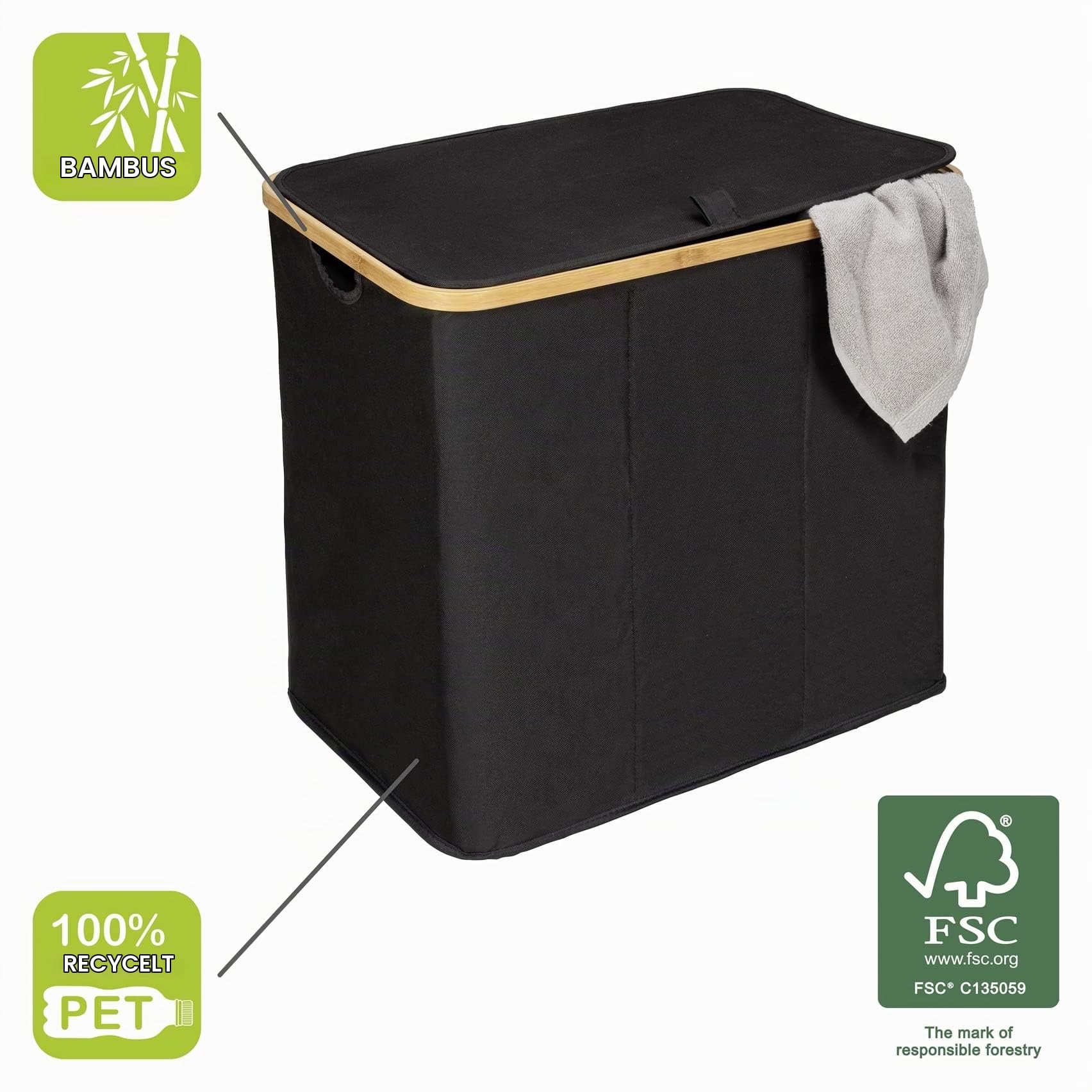 WENKO Wäschetruhe Trio Mod. Ecori, 3 Fächer (je 35 Liter), Rahmen aus FSC®-zertifiziertem Bambus, Wäschesack mit Deckel aus recyceltem Polyester, 57 x 50 x 37 cm, Natur/Schwarz