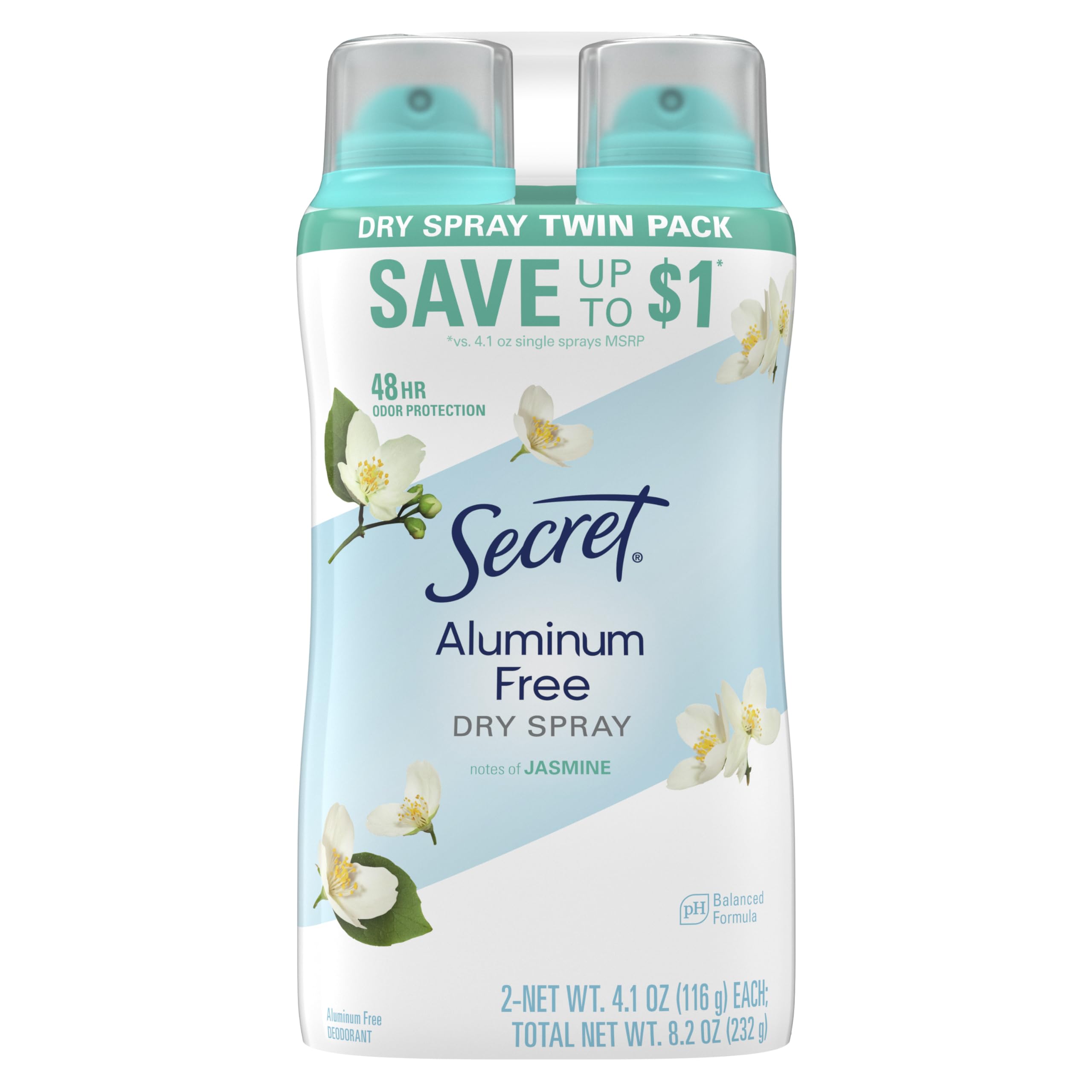 Secret Dry Spray Aluminum Free Deodorant for Women, 48hr Weightless Odor Protection, Gentle on Skin, Midnight Jasmine Scent, 4.1 oz (Pack of 2)