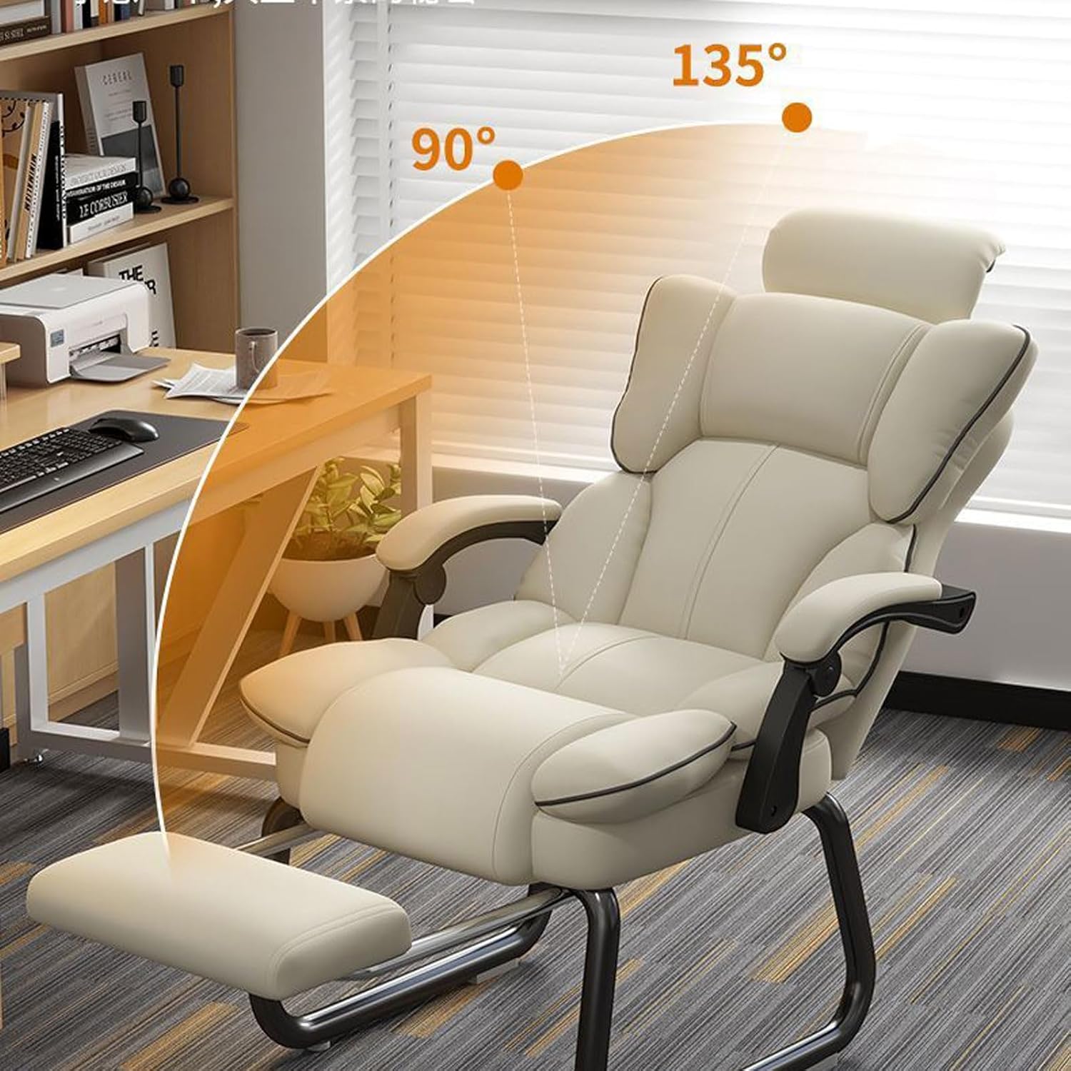 Office Chair with Headrest, Sled Base & Lumbar Support, Ergonomic High-Back Sofa Boss Chairs Without Wheels, Executive Reception Chair for Wait Room Church