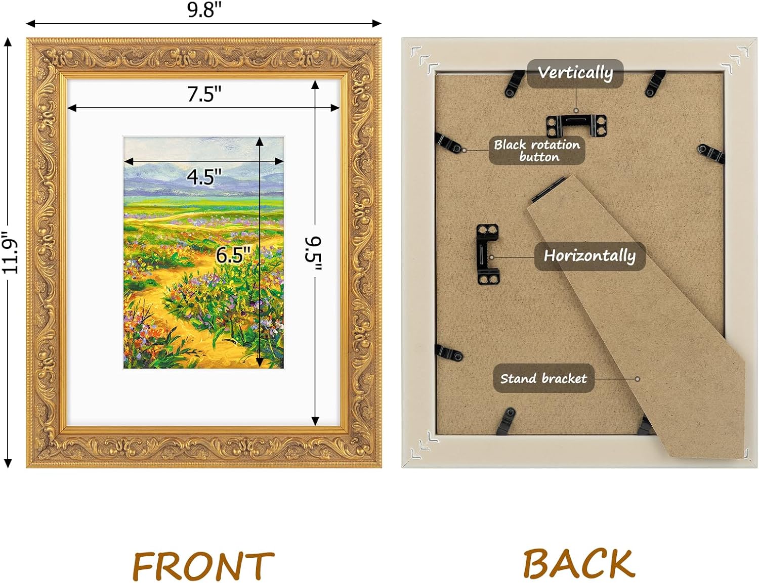 Golden State Art,8x10 Ornate Picture Frame for 5x7 Photo with Mat or 8 x 10 Prints without Mat,Real Glass Wall & Tabletop Display(Color:Vintage Gold)