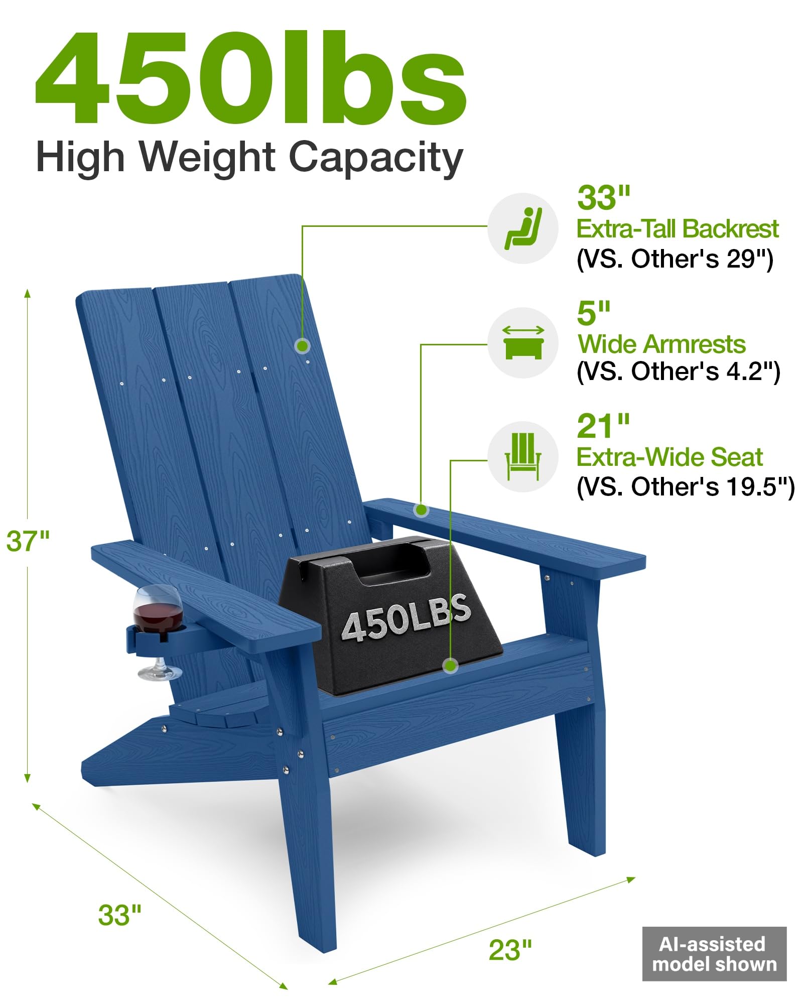 Adirondack Stuhl mit Getränkehalter für Outdoor Garten: Übergröße Adirondack Chair Kunststoff HIPS mit Getränkehalter - Adirondack Gartensessel Wetterfest für Balkon/Terrasse/Feuerstelle/Beach(Navy)