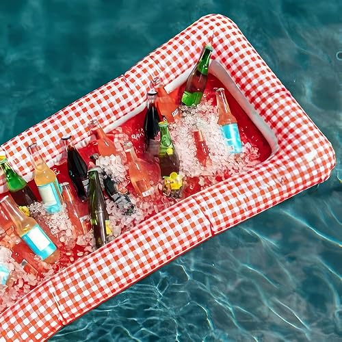 Miniatura 4 de Enfriador inflable para fiesta de pícnic, 24 x 50 pulgadas (paquete de 1), enfriador de vinilo a cuadros rojos y blancos, perfecto para diversión al