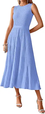 Women Midi Bodycon Tank Dress - Sleeveless Crewneck Knit Pleated A-Line Dress