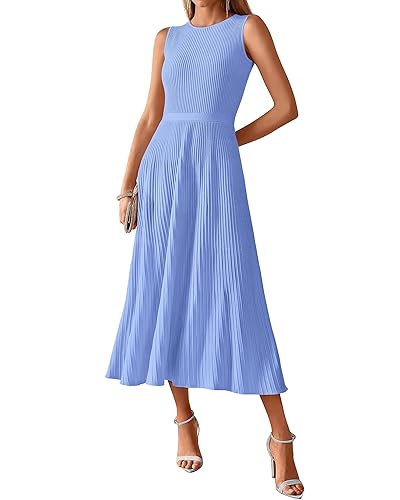 BTFBM Women Tank Midi Dress Summer Crewneck Sleeveless Pleated A