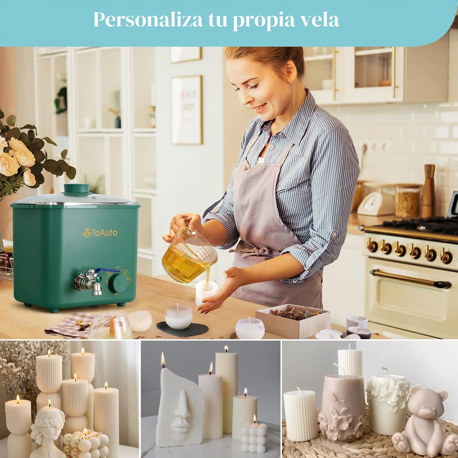 TOAUTO 4Qts Green Wax Melter Cera eléctrica con válvula de vertido rápido y control de temperatura para fabricantes principiantes