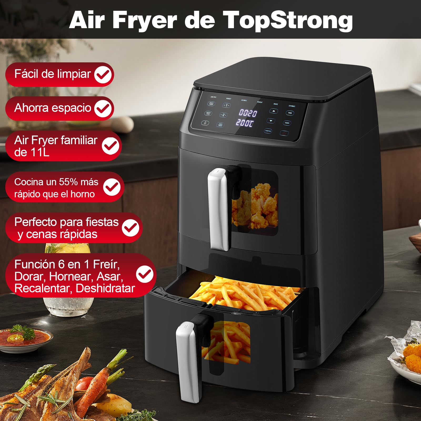 TopStrong Double Stack Freidora de aire, 11 L Air Fryer Doble Cesta Vertical, 40℃-220℃, 6 Funciones de Cocción & 8 Programas Preconfigurados, Ahorrar Espacio, 2500W (Negro Ventana)