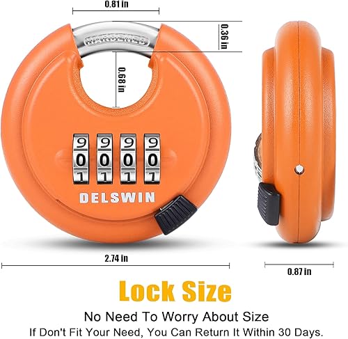 Miniatura 3 de DELSWIN Cerradura de combinación de disco de 4 dígitos para exteriores, candados de combinación resistentes con grillete de acero endurecido