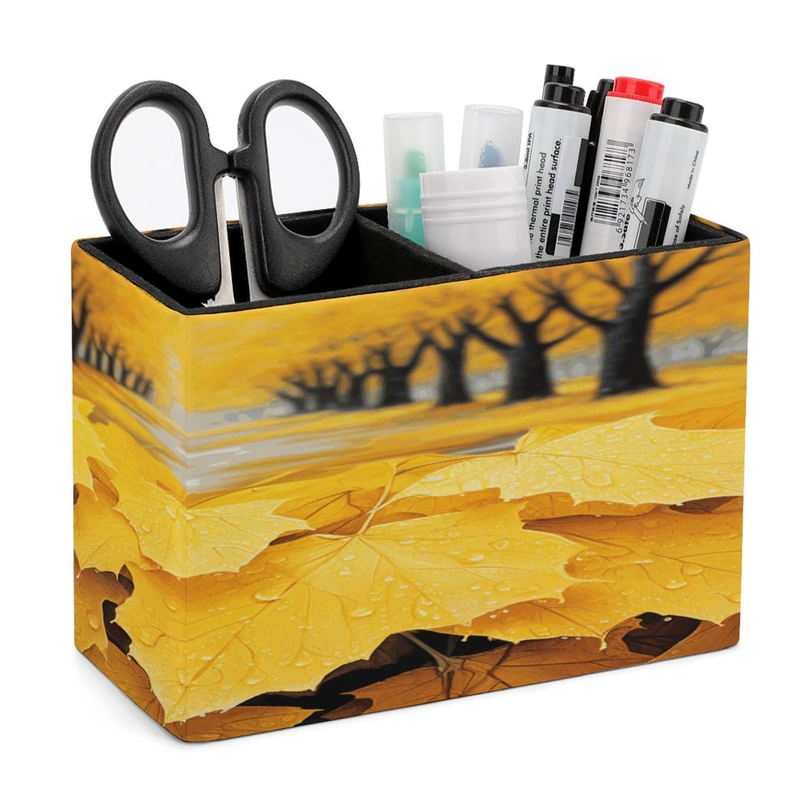 Porte-stylos en cuir élégant motif feuilles d'automne pour bureau chic