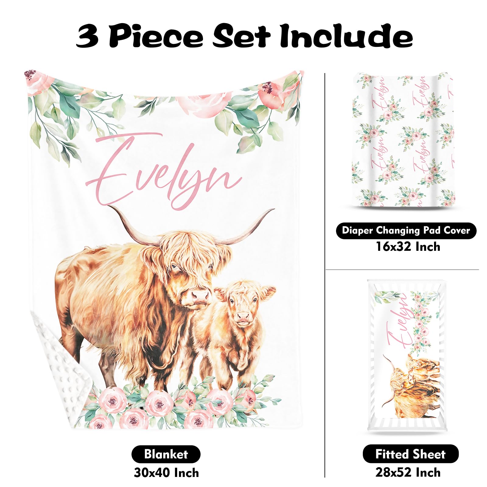 HSHRYY Baby Bedding Set with Custom Name – Includes Personalized Blanket, Fitted Crib Sheet & Changing Pad Cover 3-Piece Crib Décor - Highland Cow Theme – A Wonderful Gift from Parents