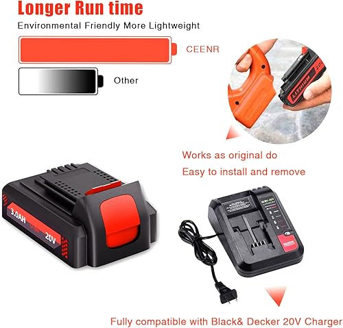 Miniatura 5 de CEENR Paquete de 2 baterías LBXR20 de 3.0Ah y cargador de repuesto para batería de litio Black and Decker de 20 V LBXR2020-ope compatible con Black