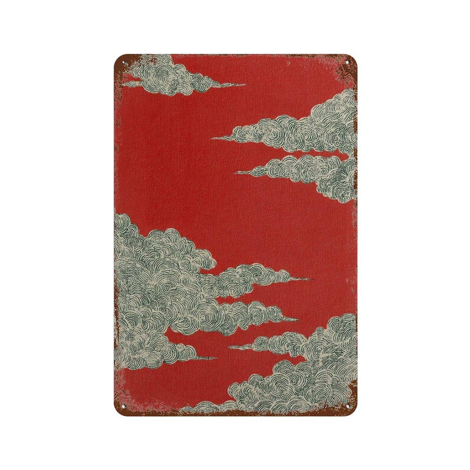 xiaoxiaoshen Japanese Red Cloud Traditional Asian Zen Swirl Clouds Japandi Minimalist Wall Decor Art Metal Tin Poster Modern Home Decor Art Home Bar Shop Decorations Vintage Sign 30x20cm
