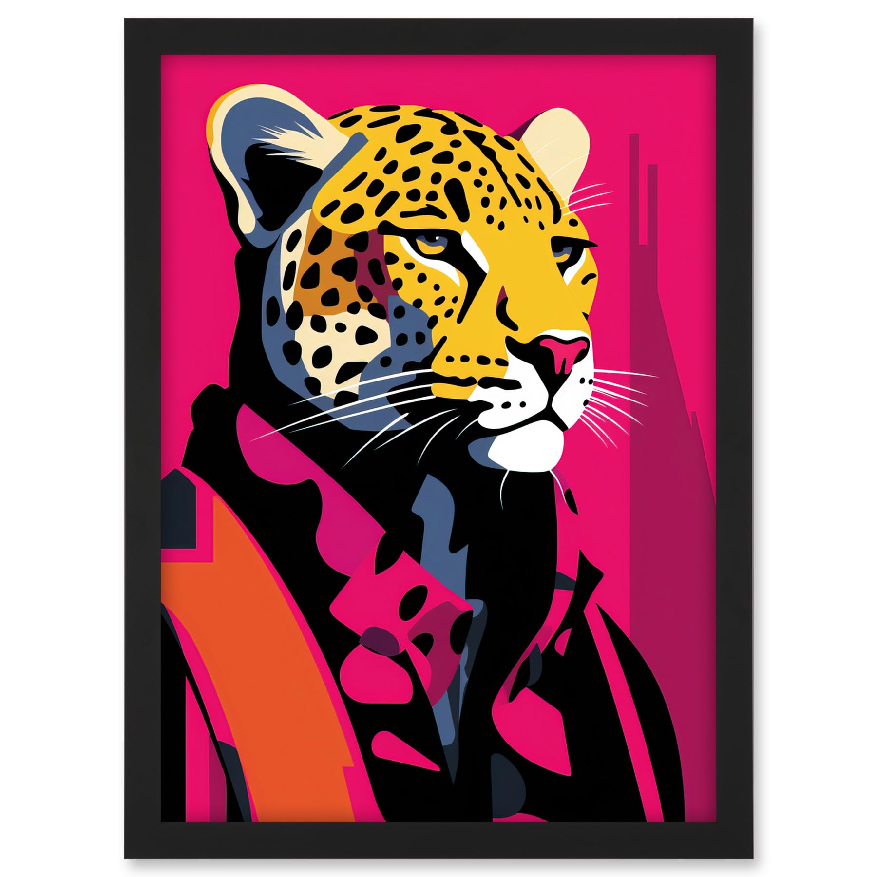 Artery8 Strong Leopard in Suit Bold Artwork Orange Pop Art Hot Pink Vibrant Portrait Artwork Framed A3 Wall Art Print