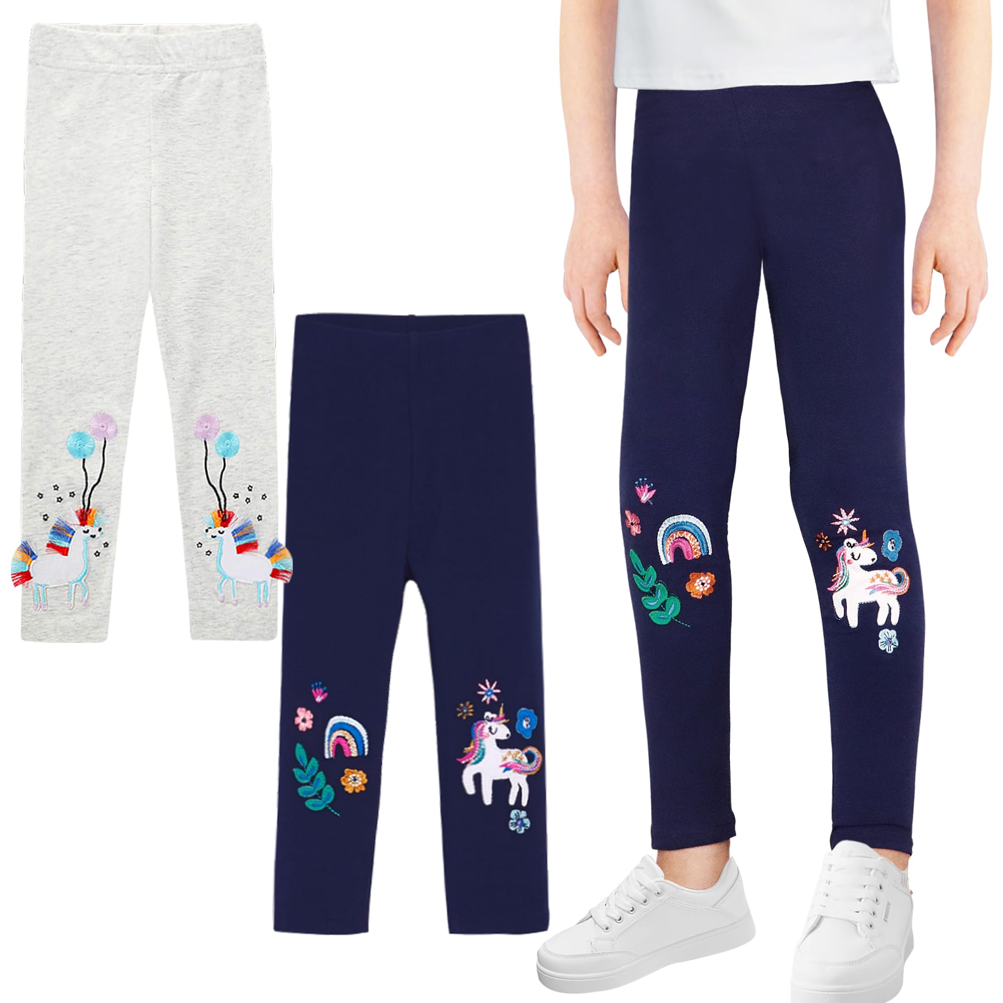JinBei Leggings en Coton pour Filles Lot de 2, Motif Licorne Respirant Doux Danse Gymnastique Sport Confortables Extensibles Multicolore Longs Pantalons pour Enfants, âge 2-7 Ans