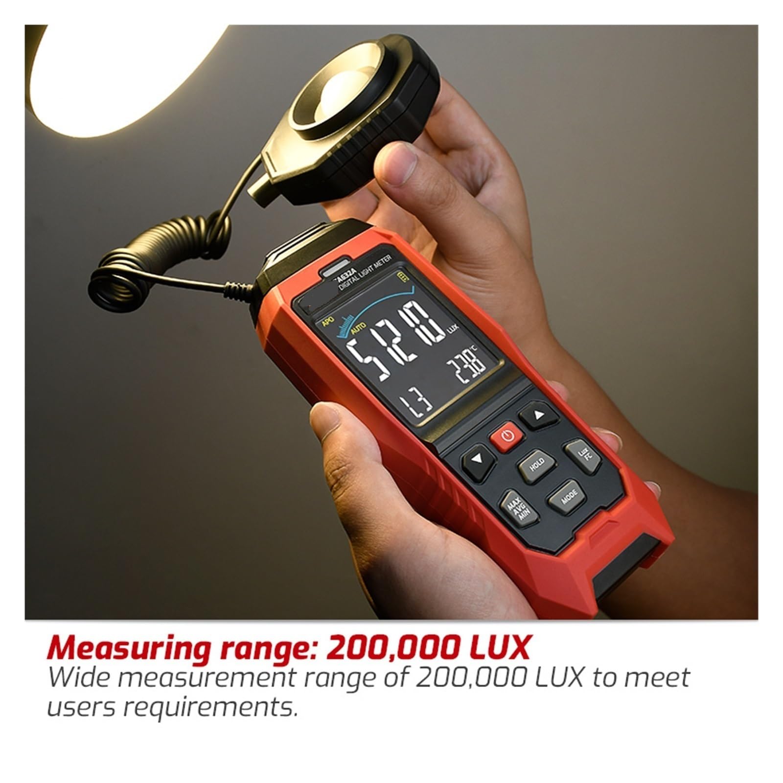 Luxómetro Portátil, Medidor de luz digital Iluminómetro Lux/Fc con sonda desmontable for fotografía y pruebas ambientales(TA632B)