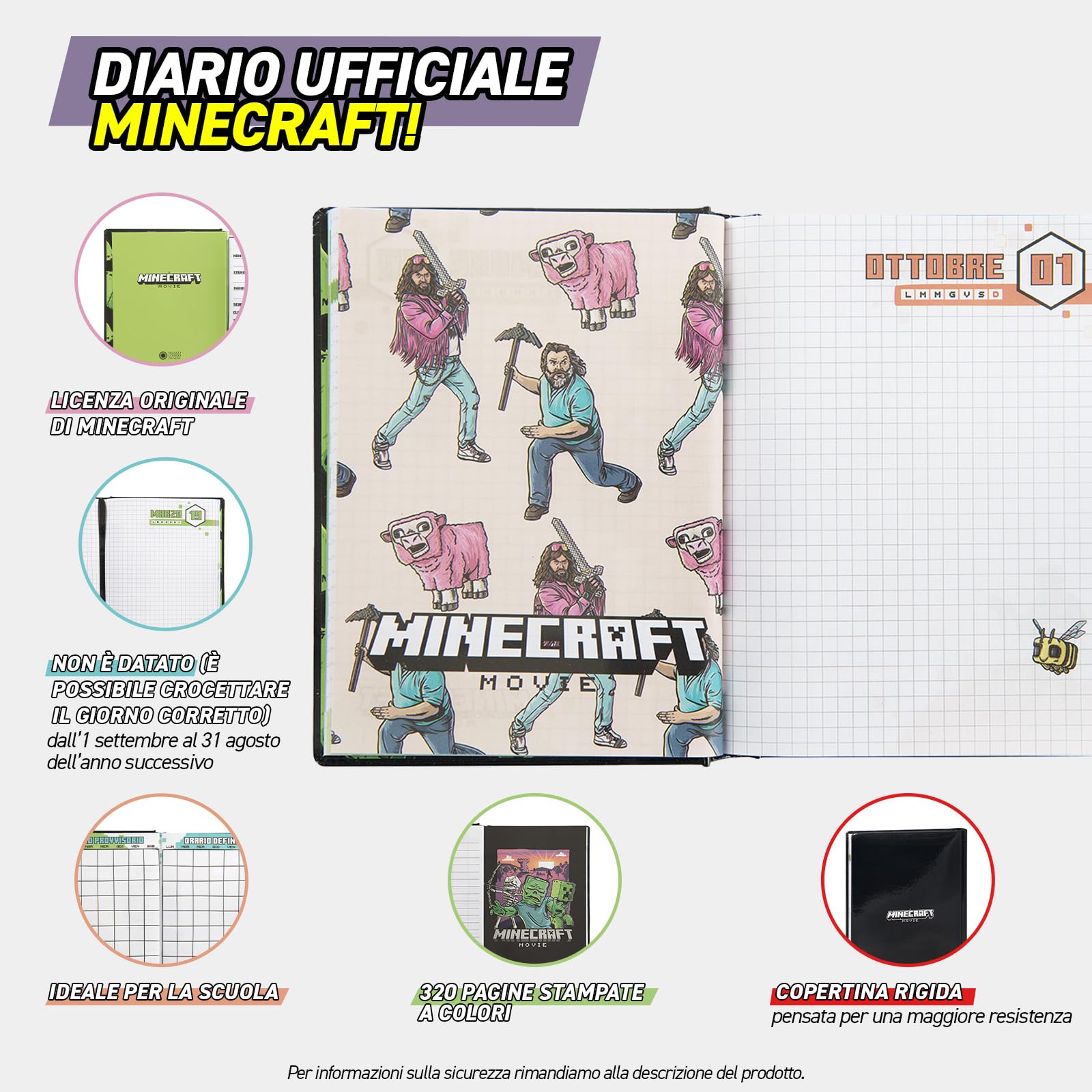 Franco Cosimo Panini Minecraft – Diario escolar oficial Minecraft, diario de 12 meses, ideal para la escuela primaria, con tapa acolchada y 320 páginas interiores impresas a color, 13 x 17,8 cm