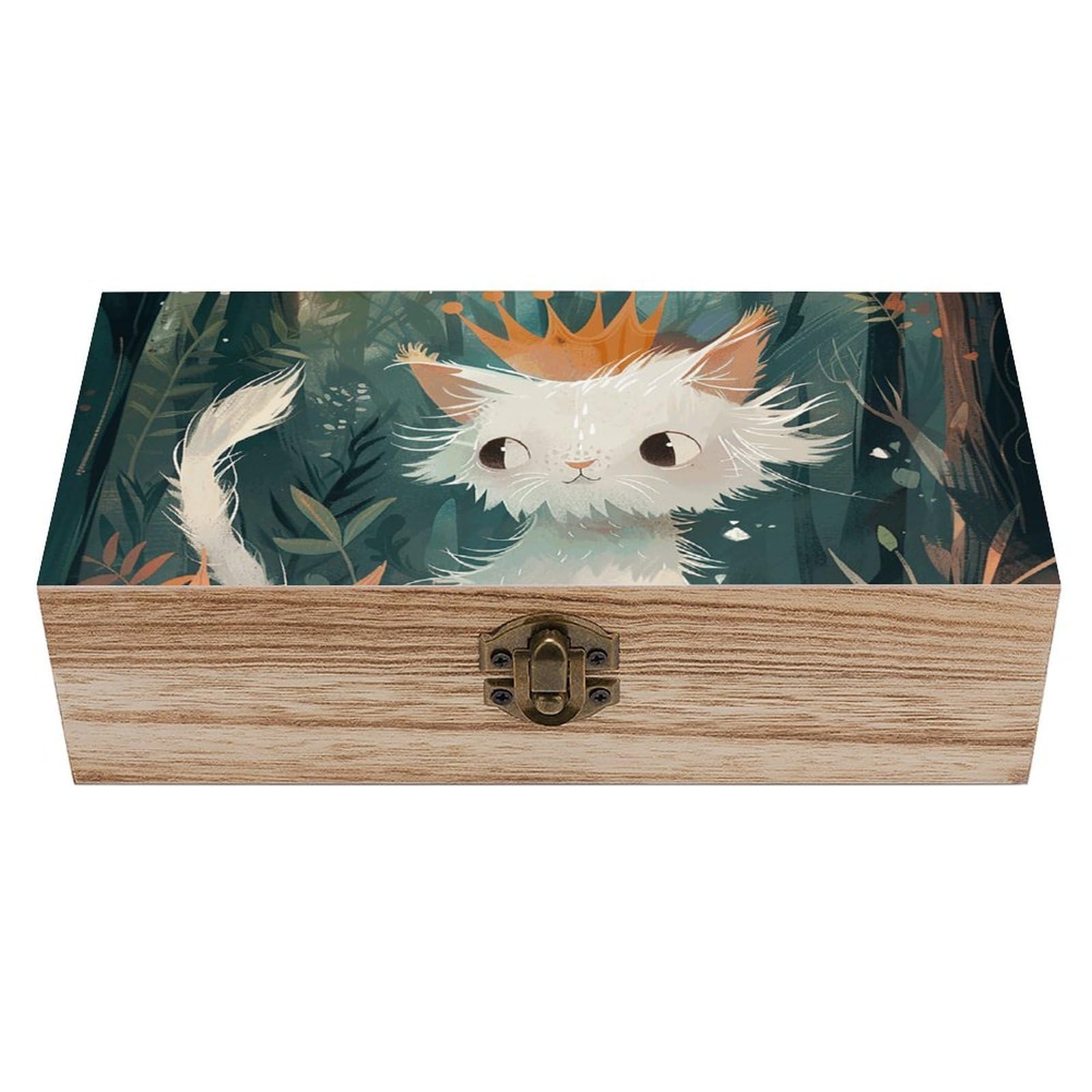 HLBSDM Vintage Wooden Storage Box White Cat And Crown Keepsake Box for Jewelry Photos Letters Elegant Desktop Organizer for Home Office Decor