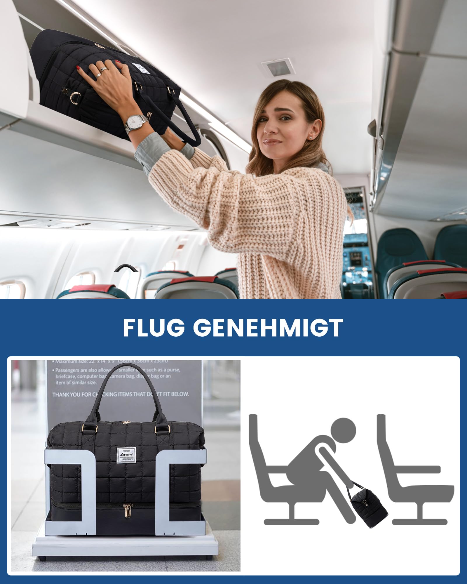 LOVEVOOK Reisetasche Damen Groß, Leicht Puffer Weekender Handgepäck Tasche Kliniktasche Geburt Krankenhaustasche mit Schuhfach & Nassfach, Travel Bag Sporttasche für Flugzeug Reise, Schwarz