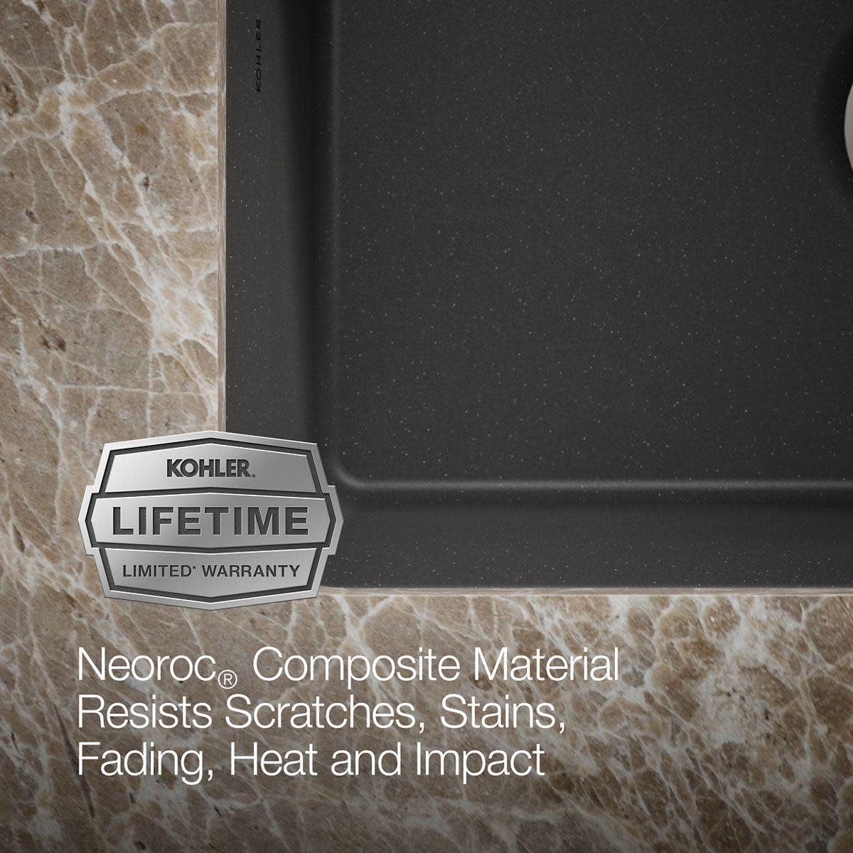 KOHLER Lifetime Limited Warranty badge on a dark Neoroc composite sink surface.