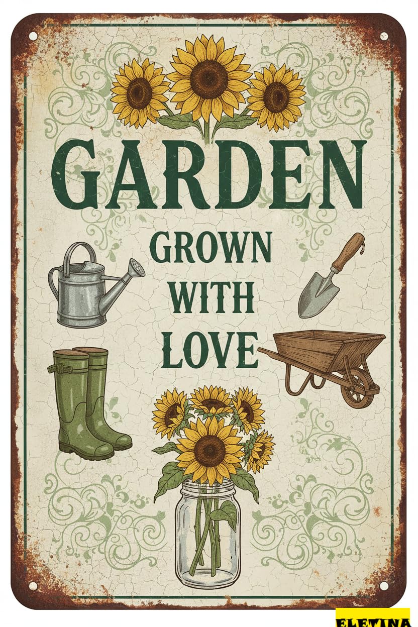 Vintage Metal Tin Sign Garden S - Retro Backyard Wall Decor Garden Tools Metel S Gift Gardening Lovers - Grown With Love 8"x12"