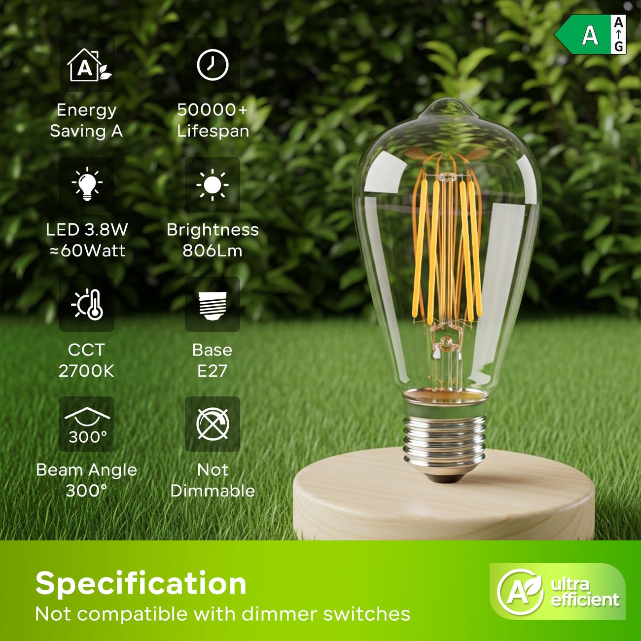 LVWIT Żarówka LED E27, ciepła biel, 3,8 W, żarówka LED klasy energetycznej A, odpowiednik żarówek halogenowych 60 W, żarówek Edison z dużym trzonkiem 806 lm, 2700 K, zestaw 6 sztuk, nie ściemnialna