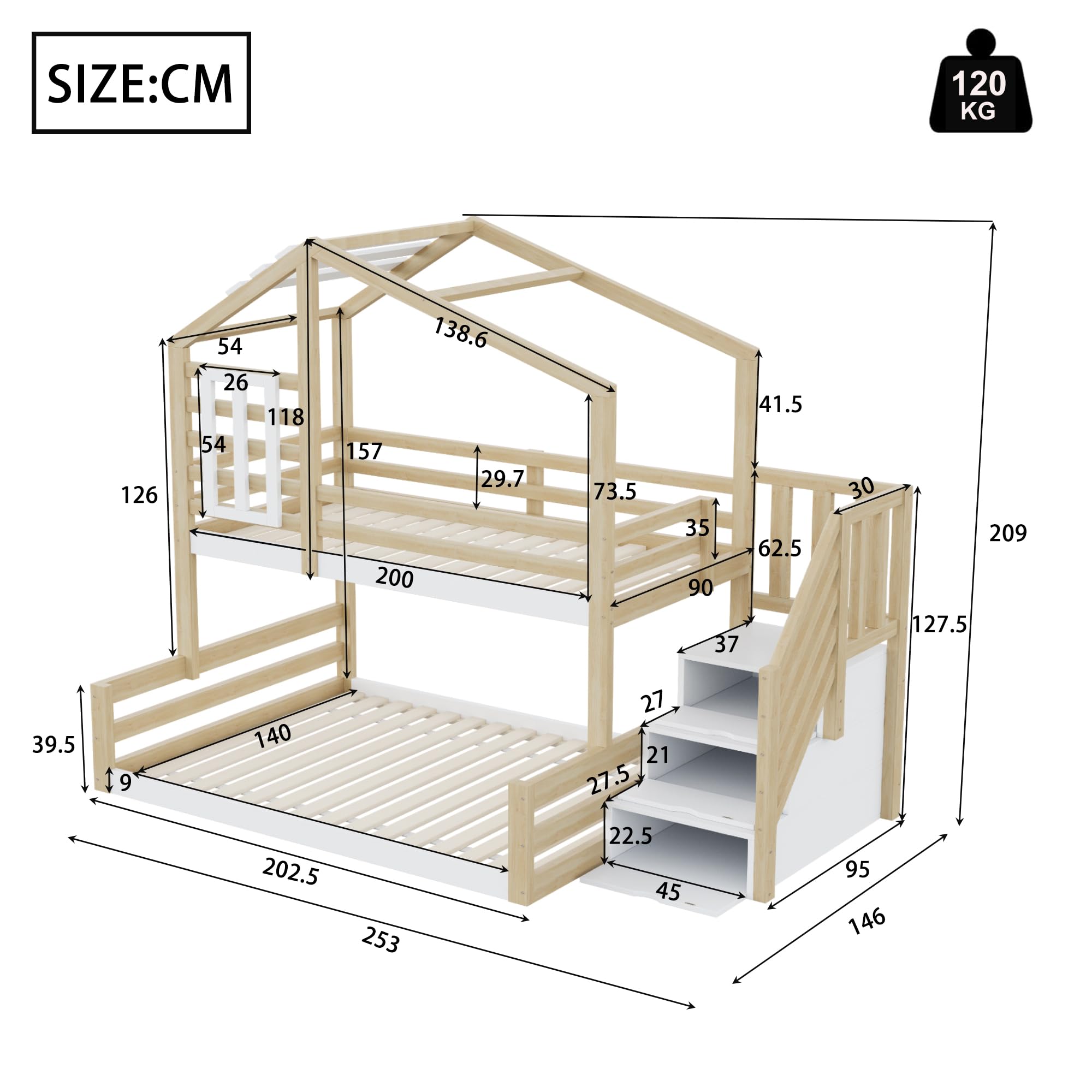 Etagenbett Kinderbett 90x200 & 140x200 cm, Hochbett Hausbett mit Treppe Stauraum und Fenster, Bett Bettgestell mit Lattenrost und Rausfallschutz, Holzbett für Kinder, Ohne Matratze, Natur
