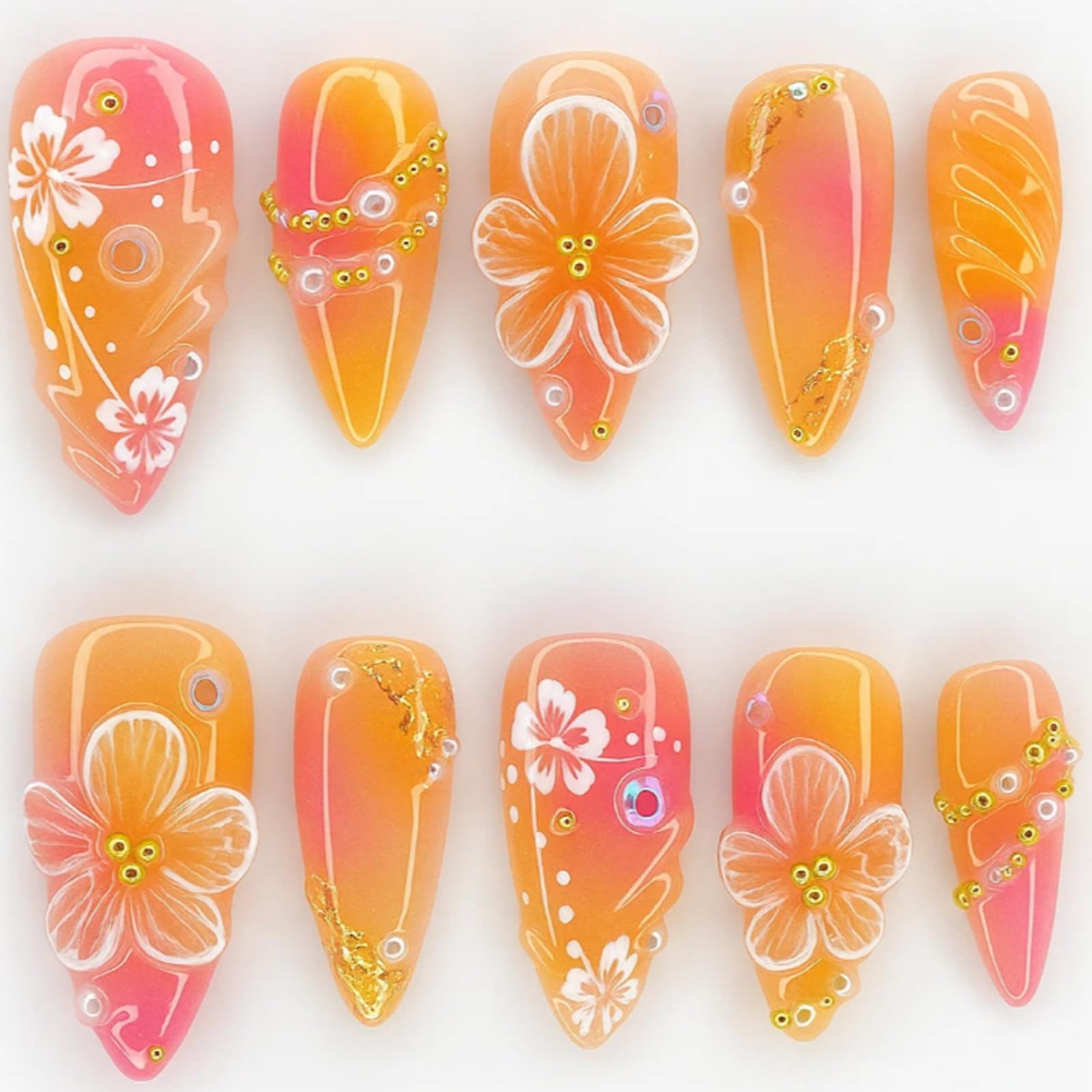Glossy Almond Gradient Pink Orange Artificial Nails with Floral Glitter Rhinestone Accents