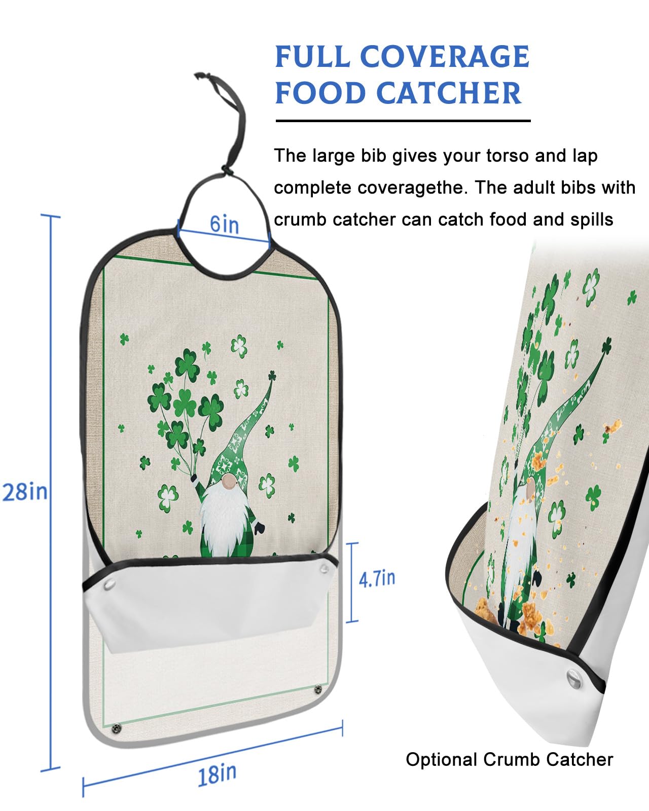St. Patrick's Day Adult Bibs for Eating, Waterproof Bibs with Food Catcher & Adjustable Snap Closure, Green Board Lucky Clover Gnomes Washable Clothing Protectors Adult Bibs for Elderly Women/Men