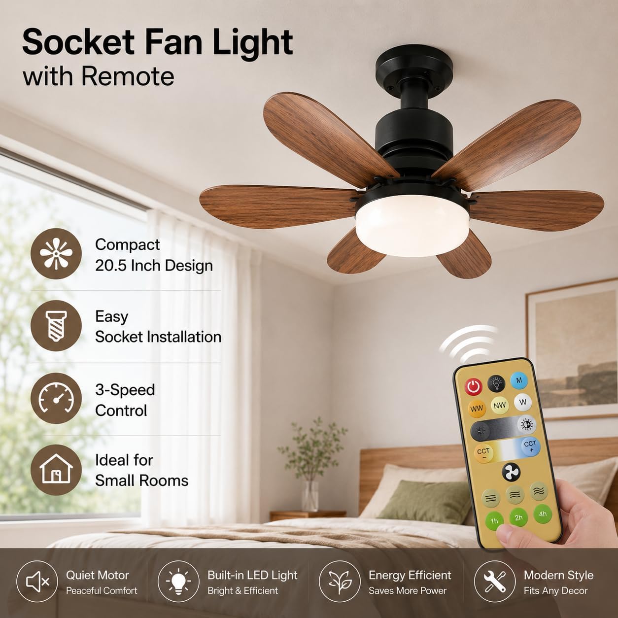 20.5" Ceiling Fan with Light, 3000 Lumens Socket Fan Light with Remote, E27 Light Bulb Fan with 3CCT, Dimmable, Night Light, Noiseless, Black Ceiling Fan for Bedroom, Kitchen, and Garage