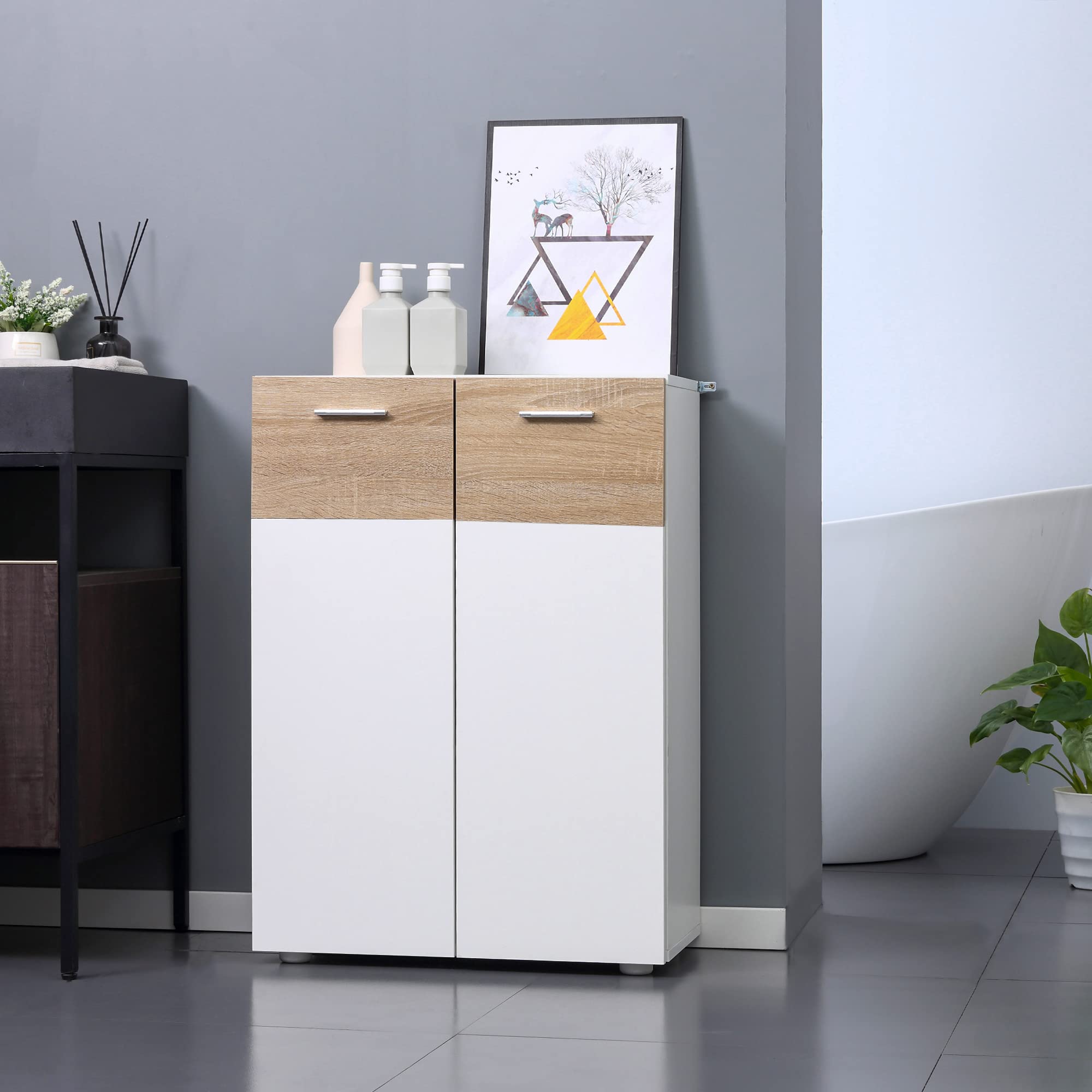 kleankin Armario de Suelo para Baño con 2 Puertas Madera 60x30x85 cm Blanco