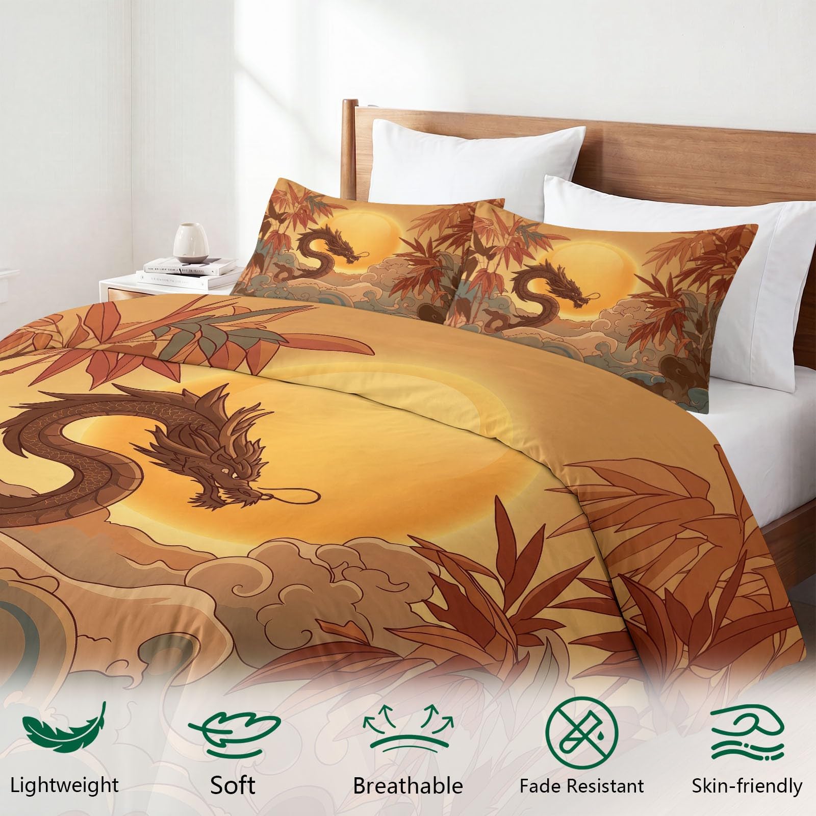 Generisch Bettwäsche Set 3-teilig 200 x 200 cm, Chinesischer Stil Orientalisch Kinderbettwäsche Mikrofaser mit Reißverschluss - Bettbezug Drache Sonne für Jungen Mädchen Hellgelb Bettwaren