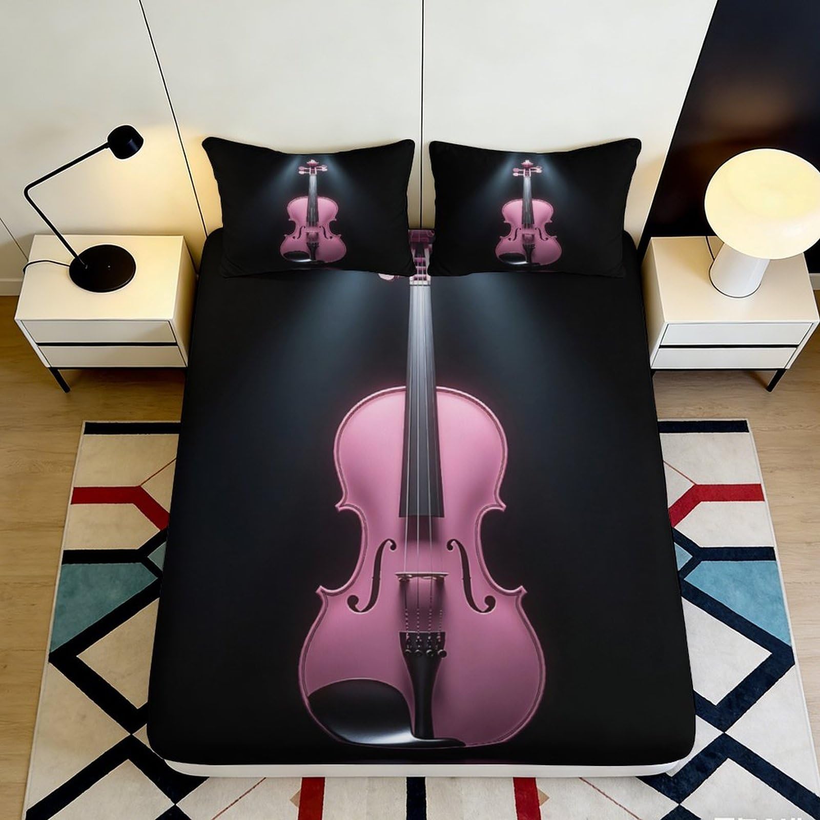 3D Printed Pink Violin Fitted Sheet Microfiber Soft Bedroom Decor Musical Instrument Bed Cover for Adult Youth 90x200x25cm