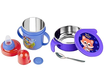 Nabhya Linex 380ml Stainless Steel Multipurpose Air Tight Baby Feeding Bowl with 250ml Stainless Steel Plastic Spout Sipper Cup for Kids (Purple)