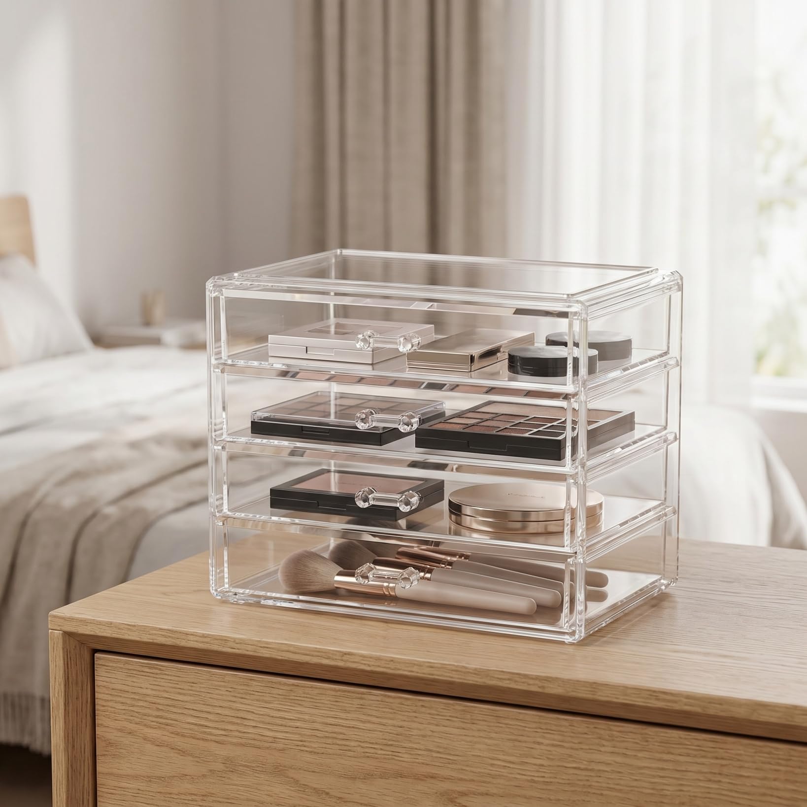 Healeved Scatola di immagazzinaggio di trucco acrilico 4 cassetti Desktop Cosmetic Organizer Grande Caso di trucco domestico a quattro strati per cosmetici da tavolo Vanity