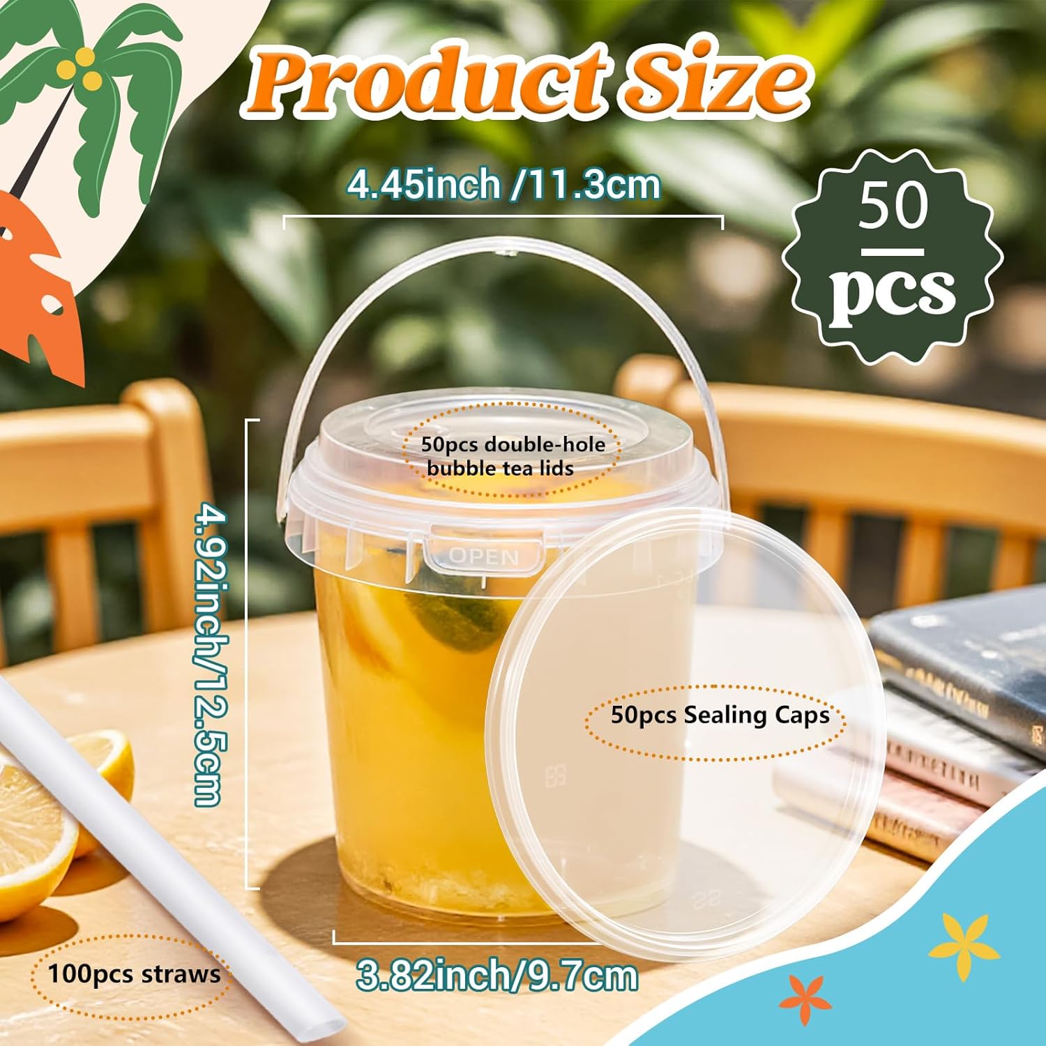Clear Plastic Cups with Lid and Straw, Reusable Drink Bucket with Handle for Iced Coffee, Smoothie, Ice Cream - Sturdy Food Safe Party Cups for Pool, Beach, Birthday Parties (50Pack, 32 oz)