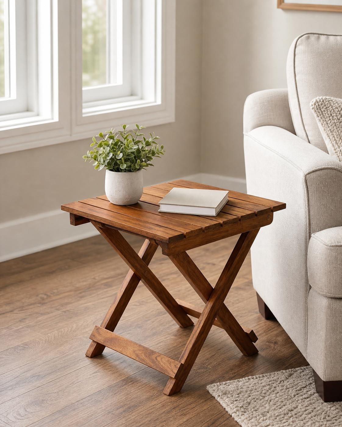 Folding Side Table, Solid Wood end Table, 38 x 38 x 38 cm, Light Walnut, Foldable Tea Table for Balcony Living Room-image-37