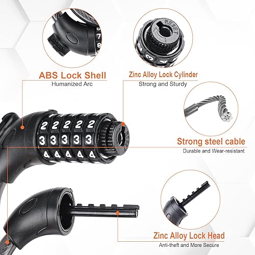 Miniatura 4 de GRIFEMA GAK1203-12 - Candado antirrobo para bicicleta, bloqueo de cable de seguridad con combinación de 5 dígitos para bicicletas, motocicletas,