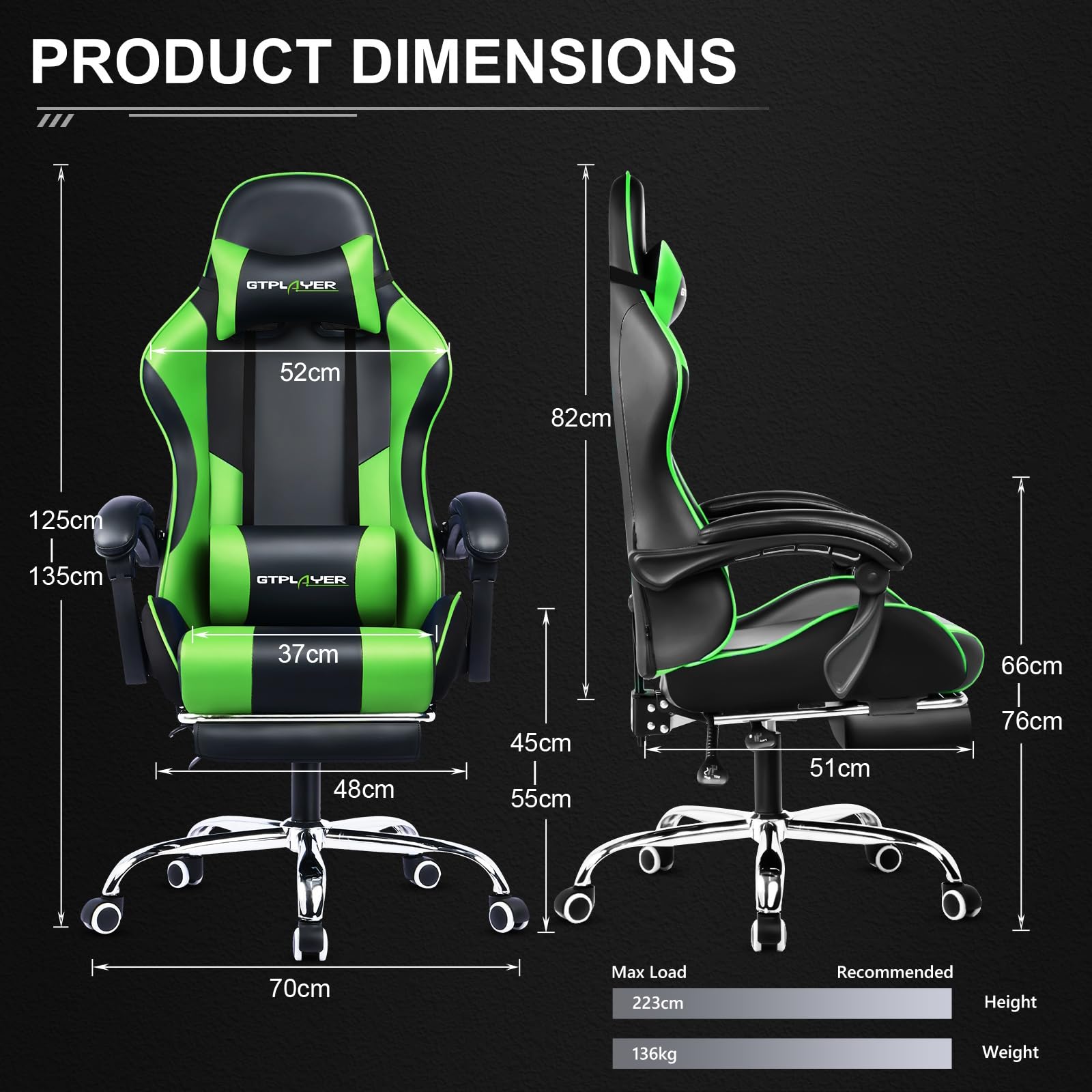 GTPLAYER Silla de oficina para gaming, masaje, sillón, silla ergonómica para gamer, con reposapiés, reposacabezas, cojín lumbar de masaje, acolchado, silla giratoria, verde