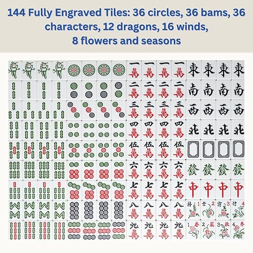 Miniatura 3 de AzulHome Juego de mahjong chino, 144 azulejos de melamina numerados grandes de 1.57 pulgadas con 4 dados, 80 fichas de póquer y una bolsa de