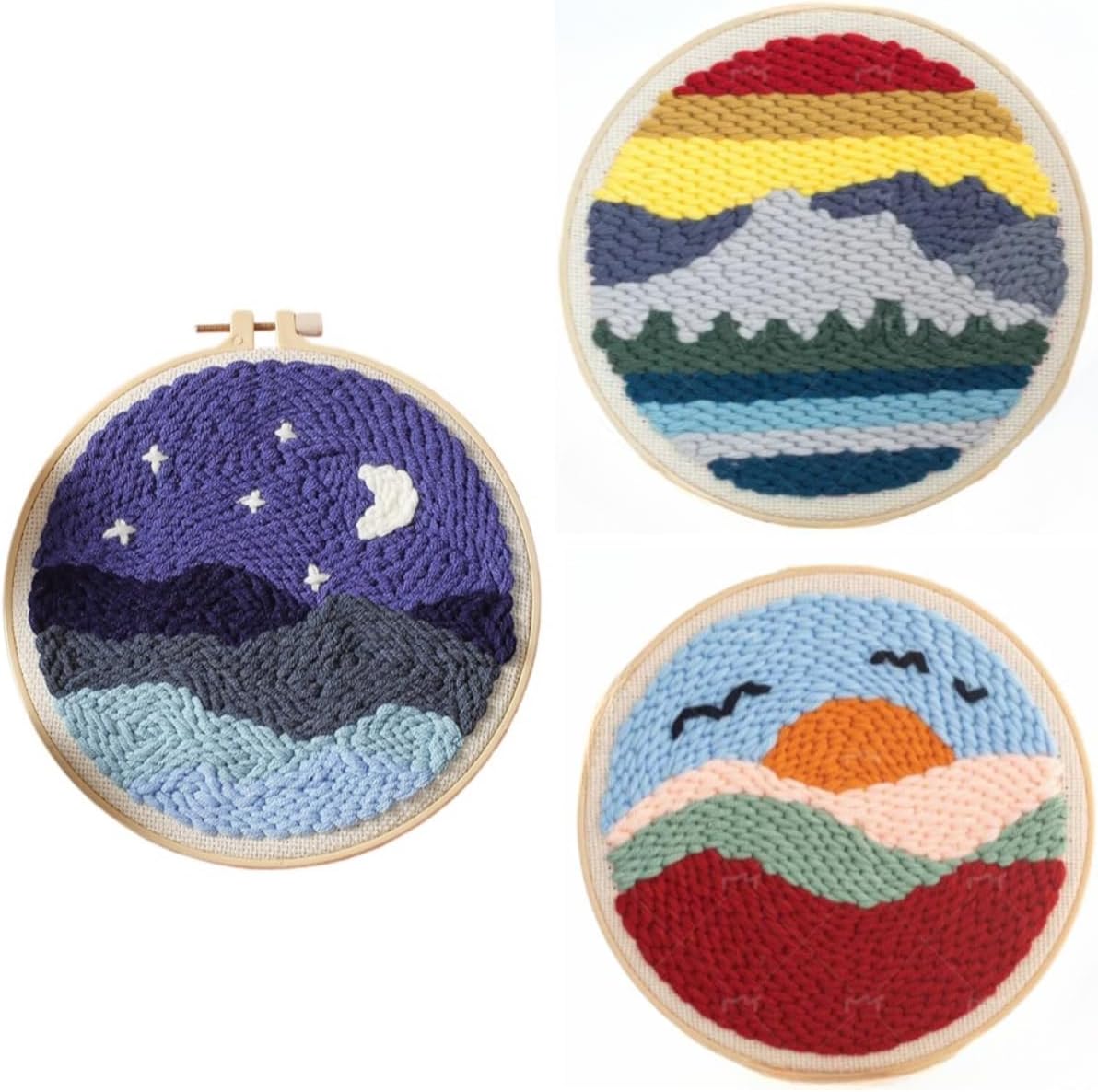 3 Sets Punch Needle Kits Beautiful Scenery Rug Hooking Beginner Kits Soft DIY Needlework Wool Punch Needle Embroidery Kits with Frame Hoop and Instructions for Beginners Adults (Red)
