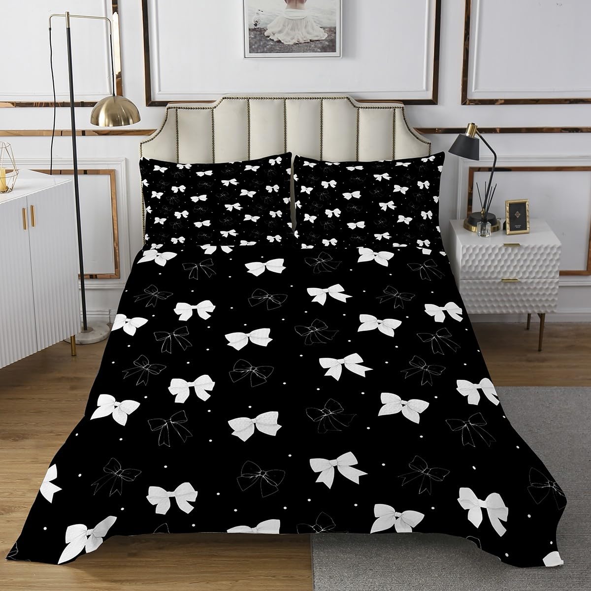 jejeloiu White Bow Bedspread Cute Ribbon Bowknot Bedspread for Kids Boys Girls Bow Tie Coverlet Set Dreamy Princess Quilted with 1 Pillowcase 2Pcs Bedding Twin