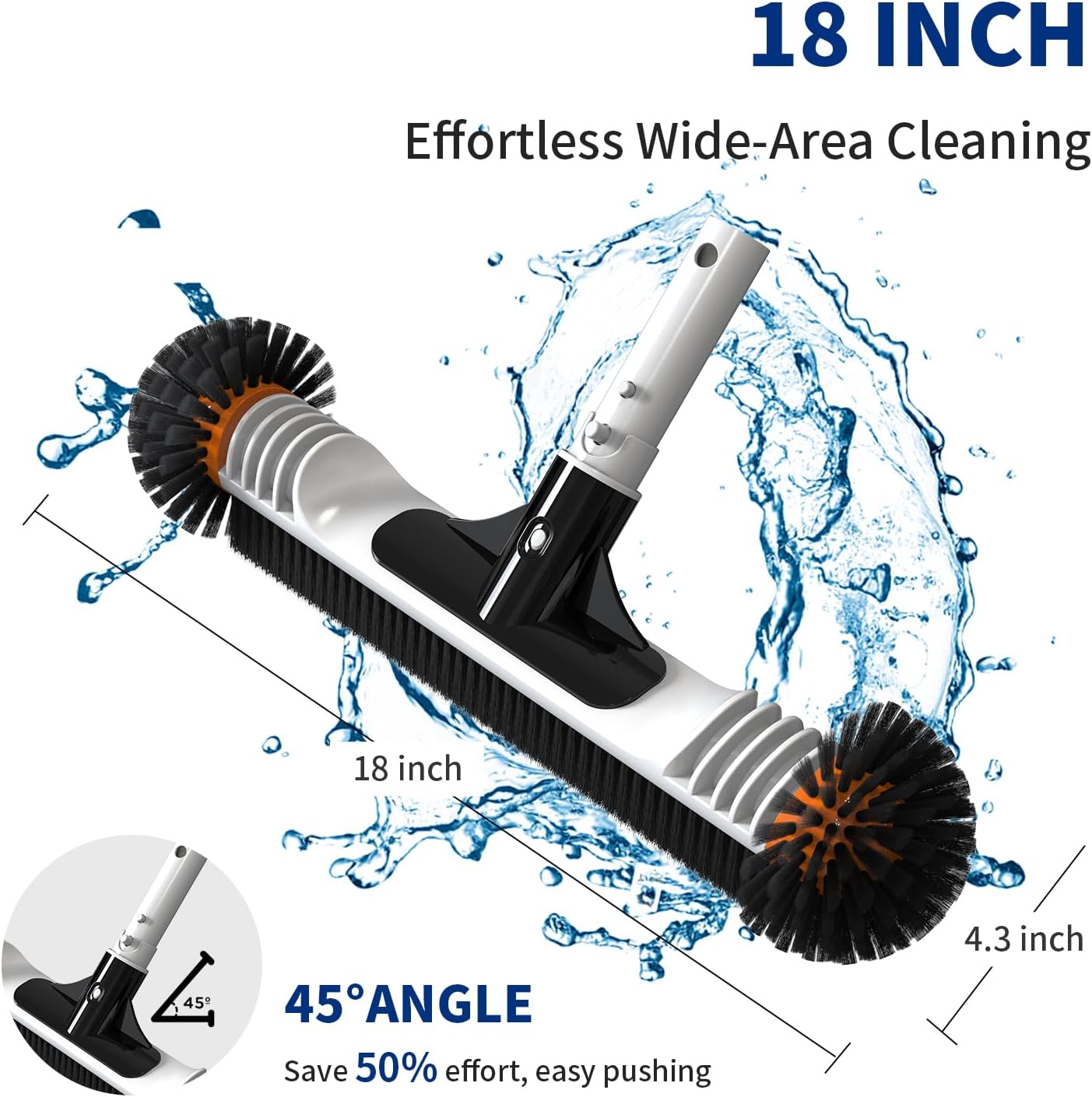 YASHINE 18" Pool Brush Head with Round Ends, Heavy Duty Pool Cleaning Brush for Inground & Above Ground Pool Walls, Tiles & Floors, Durable Handle & Nylon Bristles (Black Orange)