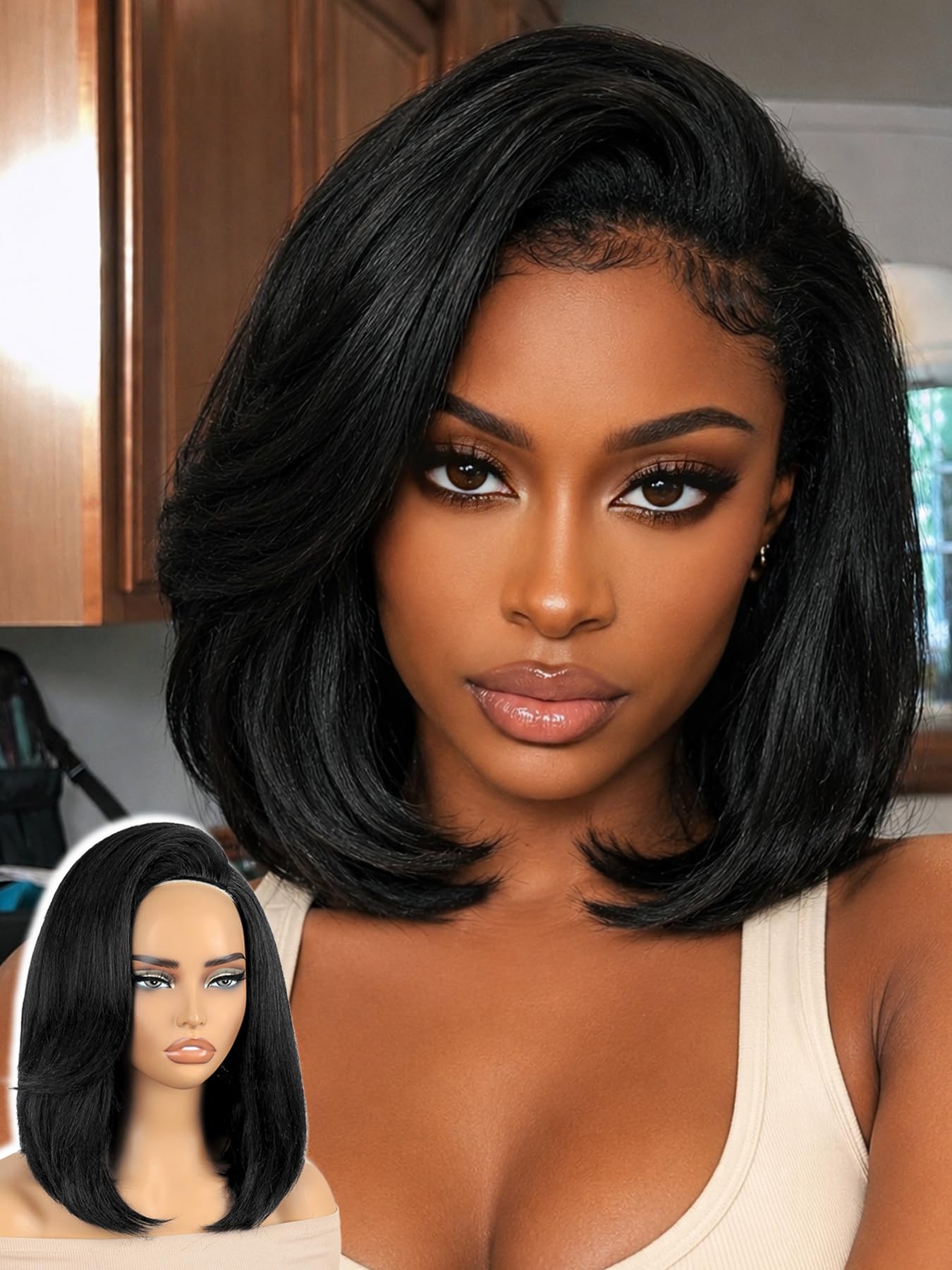 FANCEE Yaki Straight Half Wig for Black Women Synthetic Glueless Bob Wig